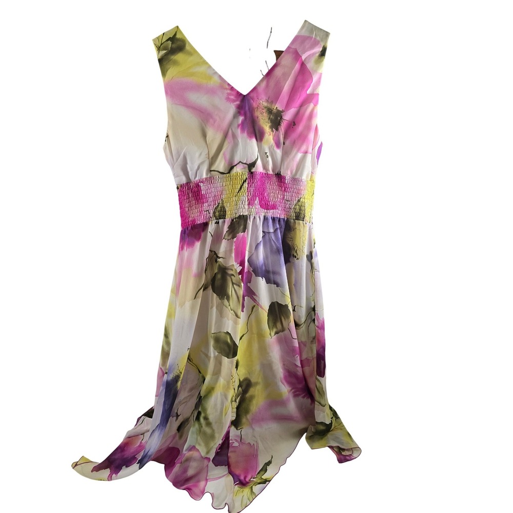 Floral Watercolor V-Neck Smocked Waist Handkerchief Hem Midi Dress Purple Pink - Picture 2 of 5